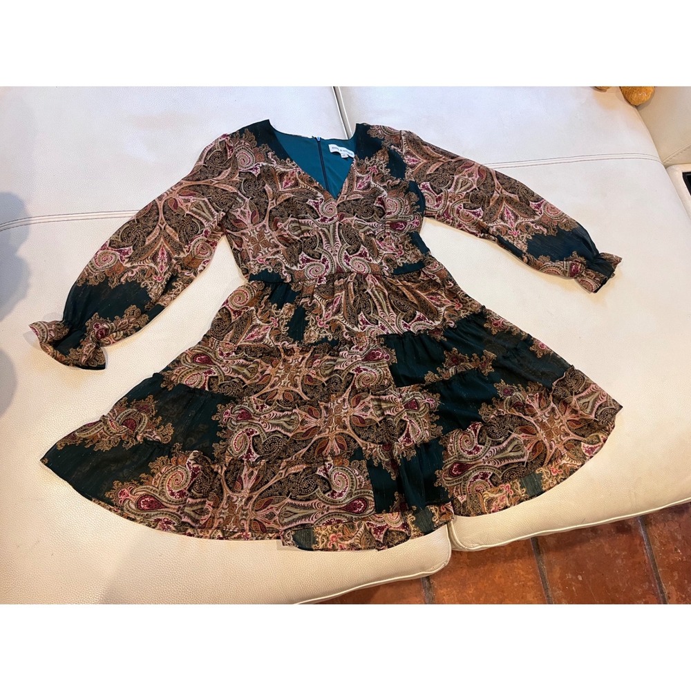 Emma & Michele Green Paisley Metallic Tiered Mini Dress Womens Sz 10 Boho Lined